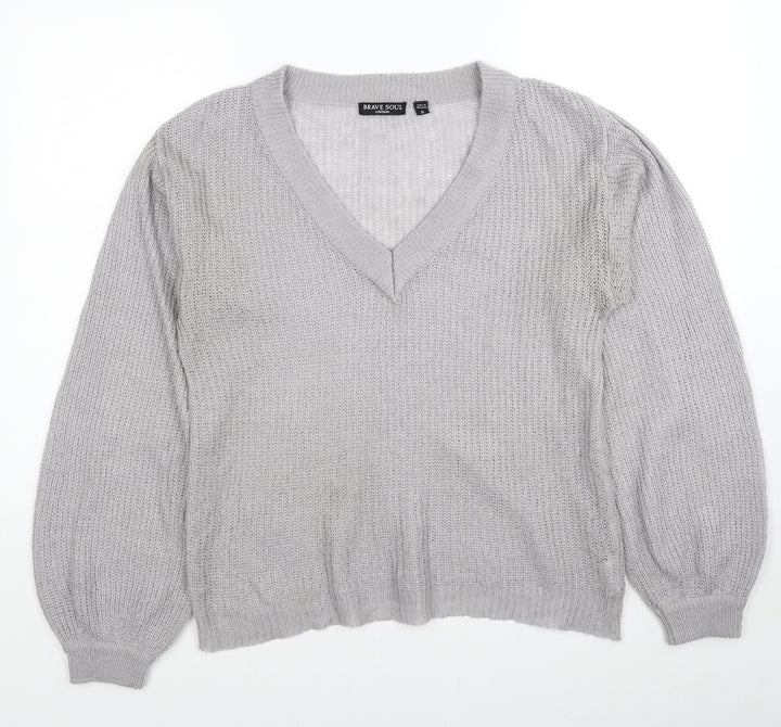 Brave Soul Womens Grey V-Neck Acrylic Pullover Jumper Size S
