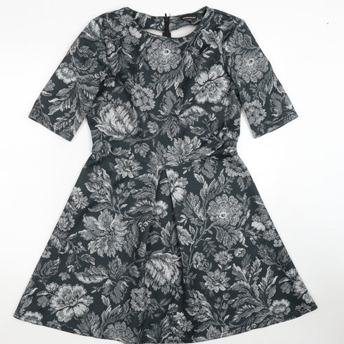 Warehouse Womens Green Floral Polyester A-Line Size 12 Round Neck Zip