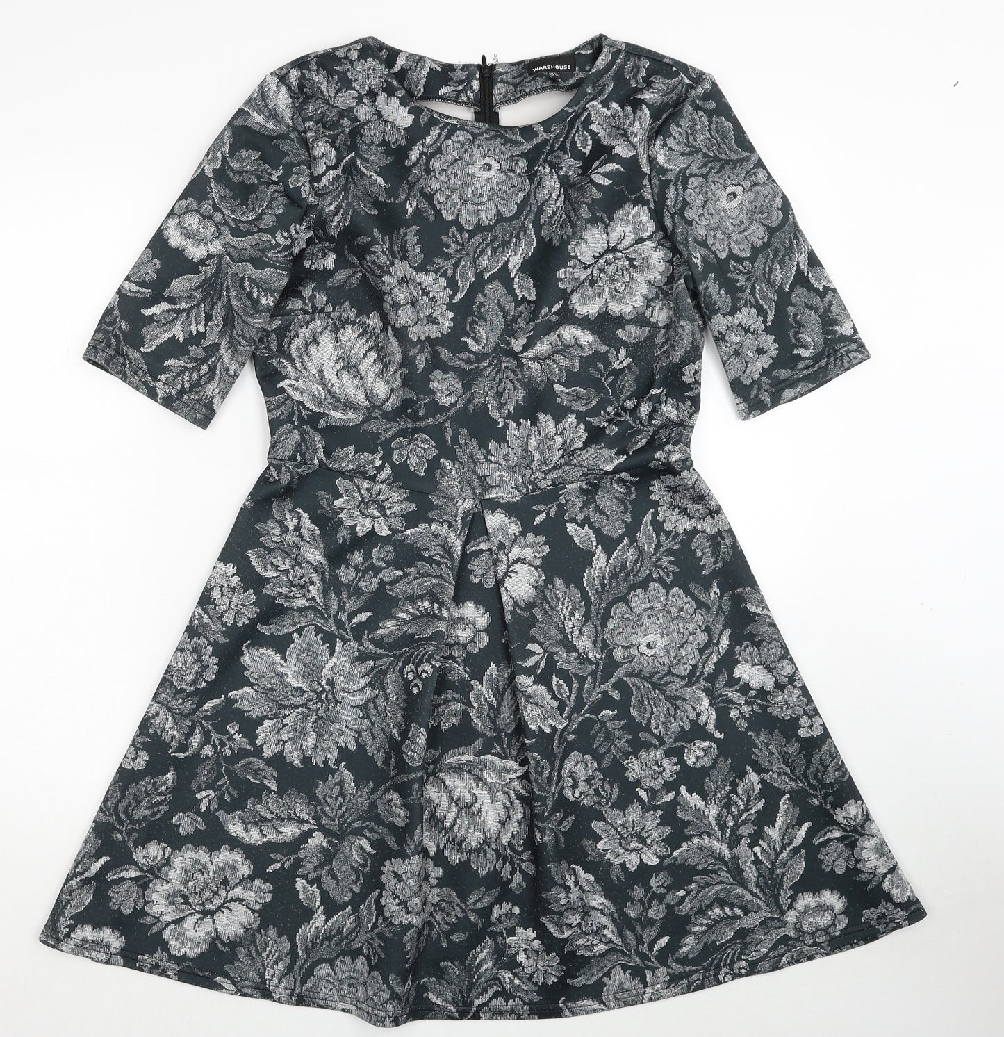 Warehouse Womens Green Floral Polyester A-Line Size 12 Round Neck Zip