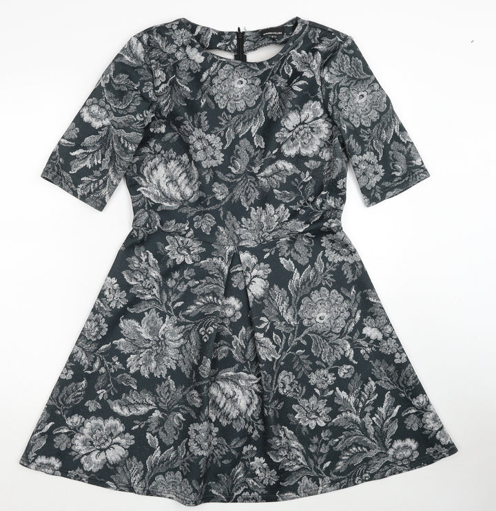 Warehouse Womens Green Floral Polyester A-Line Size 12 Round Neck Zip