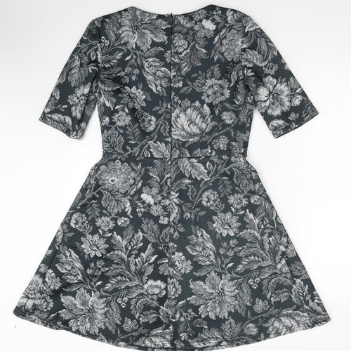 Warehouse Womens Green Floral Polyester A-Line Size 12 Round Neck Zip