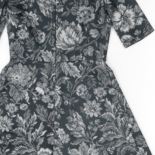 Warehouse Womens Green Floral Polyester A-Line Size 12 Round Neck Zip