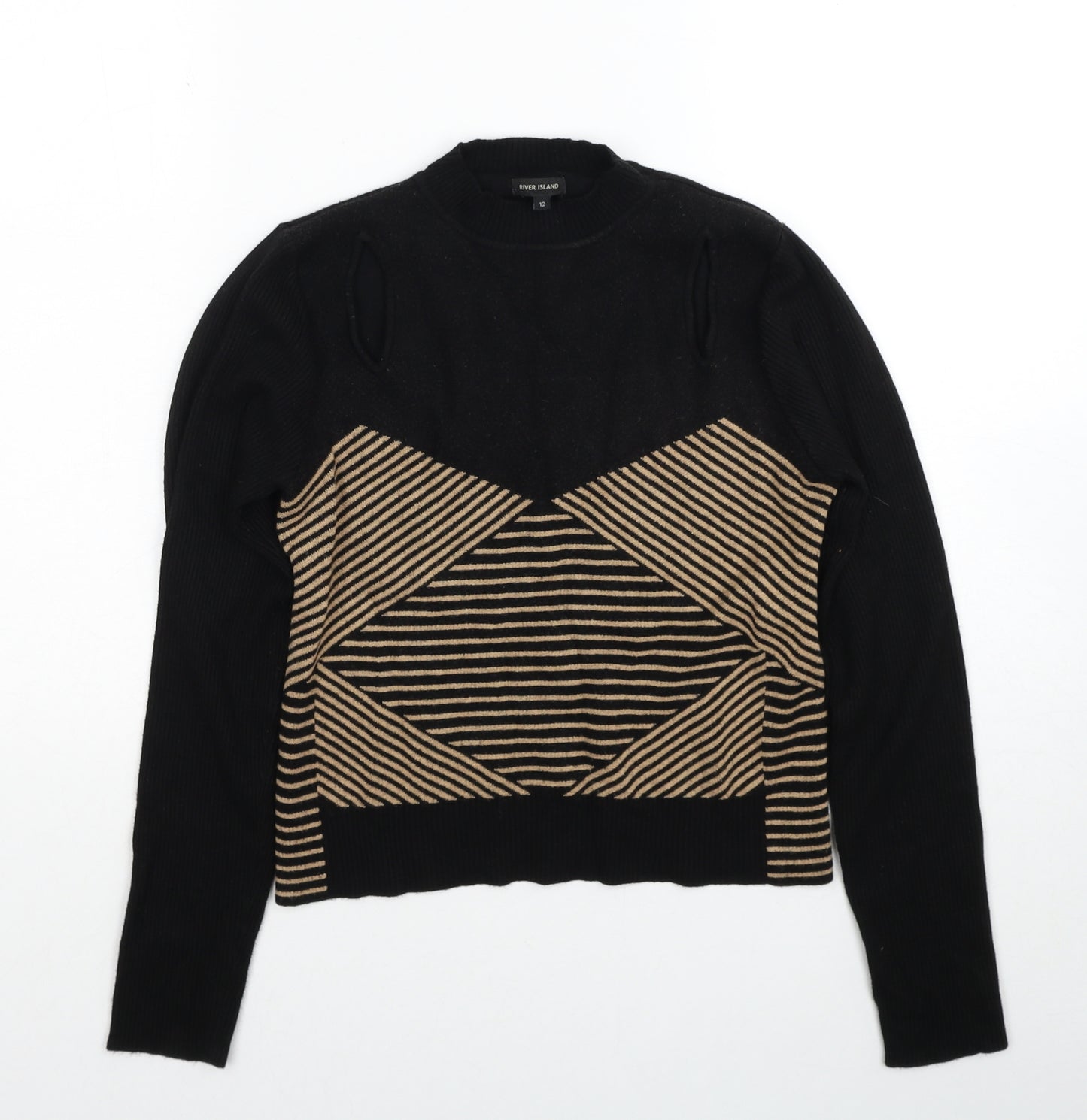 River Island Womens Black Round Neck Geometric Viscose Pullover Jumper Size 12