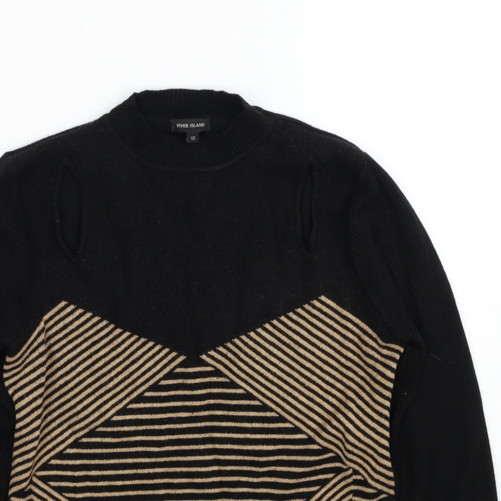 River Island Womens Black Round Neck Geometric Viscose Pullover Jumper Size 12