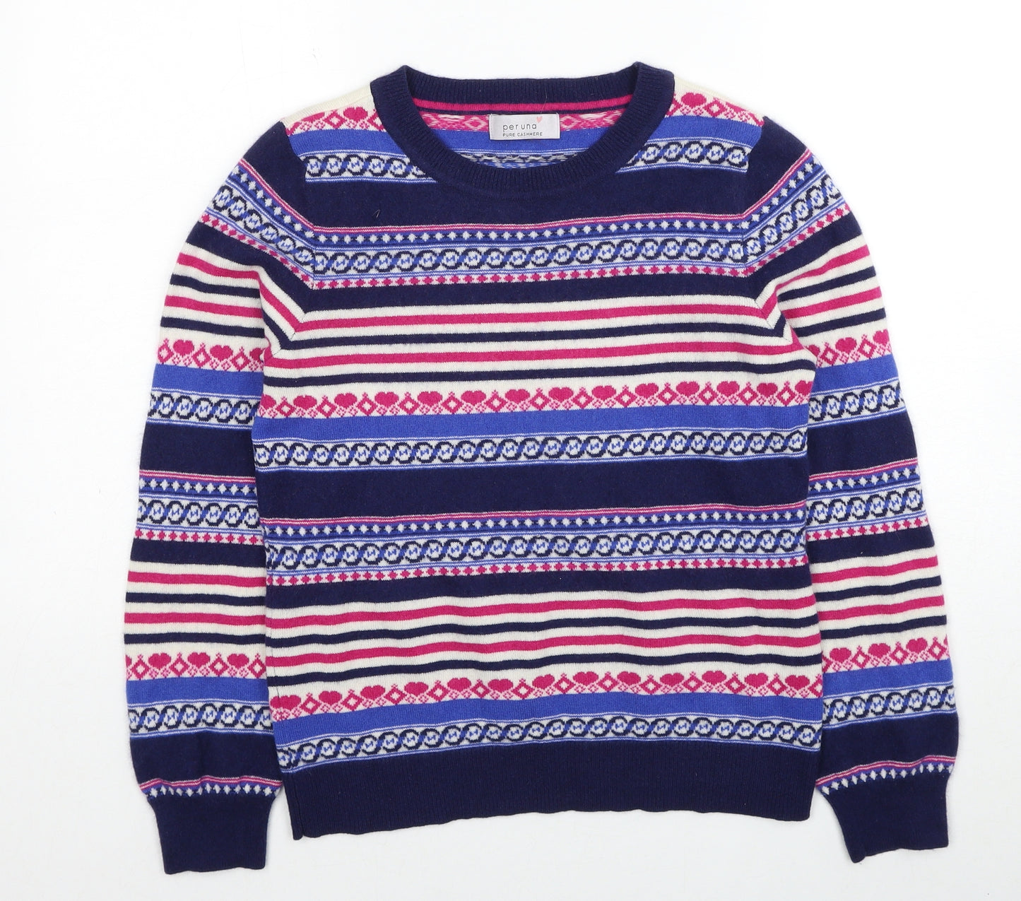 Per Una Womens Blue Round Neck Geometric Cashmere Pullover Jumper Size 12