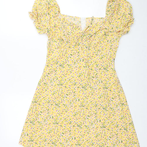 SheIn Womens Yellow Floral Polyester A-Line Size M Boat Neck Zip