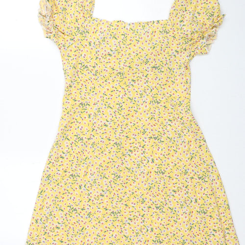 SheIn Womens Yellow Floral Polyester A-Line Size M Boat Neck Zip