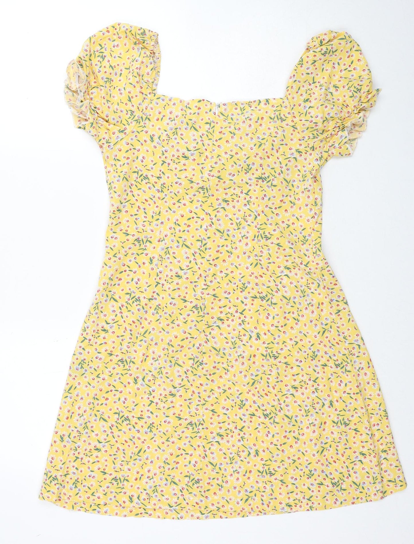 SheIn Womens Yellow Floral Polyester A-Line Size M Boat Neck Zip