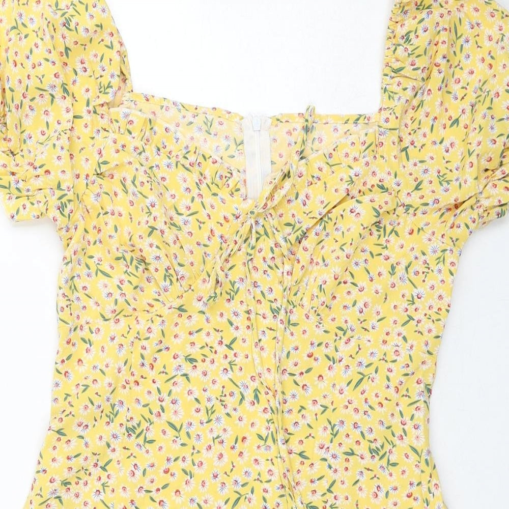 SheIn Womens Yellow Floral Polyester A-Line Size M Boat Neck Zip