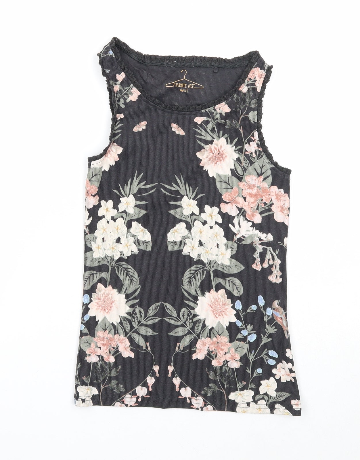 NEXT Girls Black Floral Cotton Basic Tank Size 9 Years Round Neck Pullover