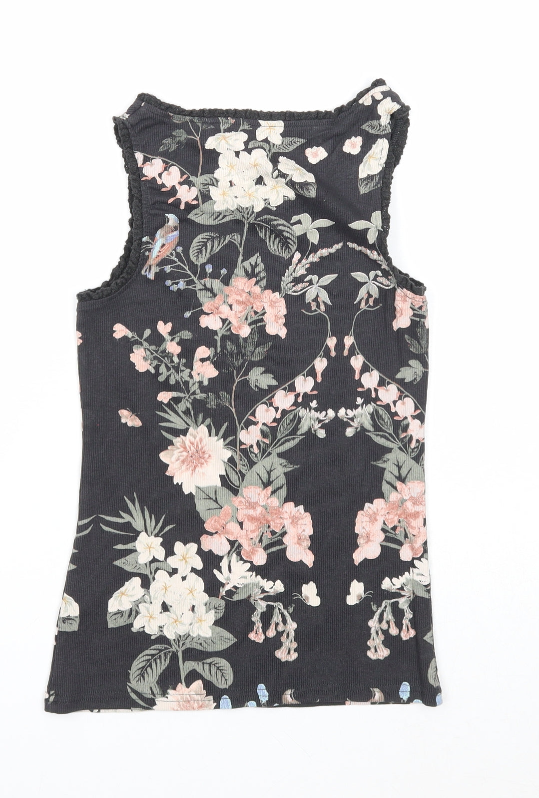 NEXT Girls Black Floral Cotton Basic Tank Size 9 Years Round Neck Pullover