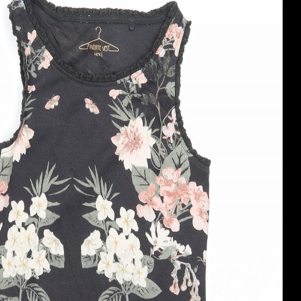 NEXT Girls Black Floral Cotton Basic Tank Size 9 Years Round Neck Pullover