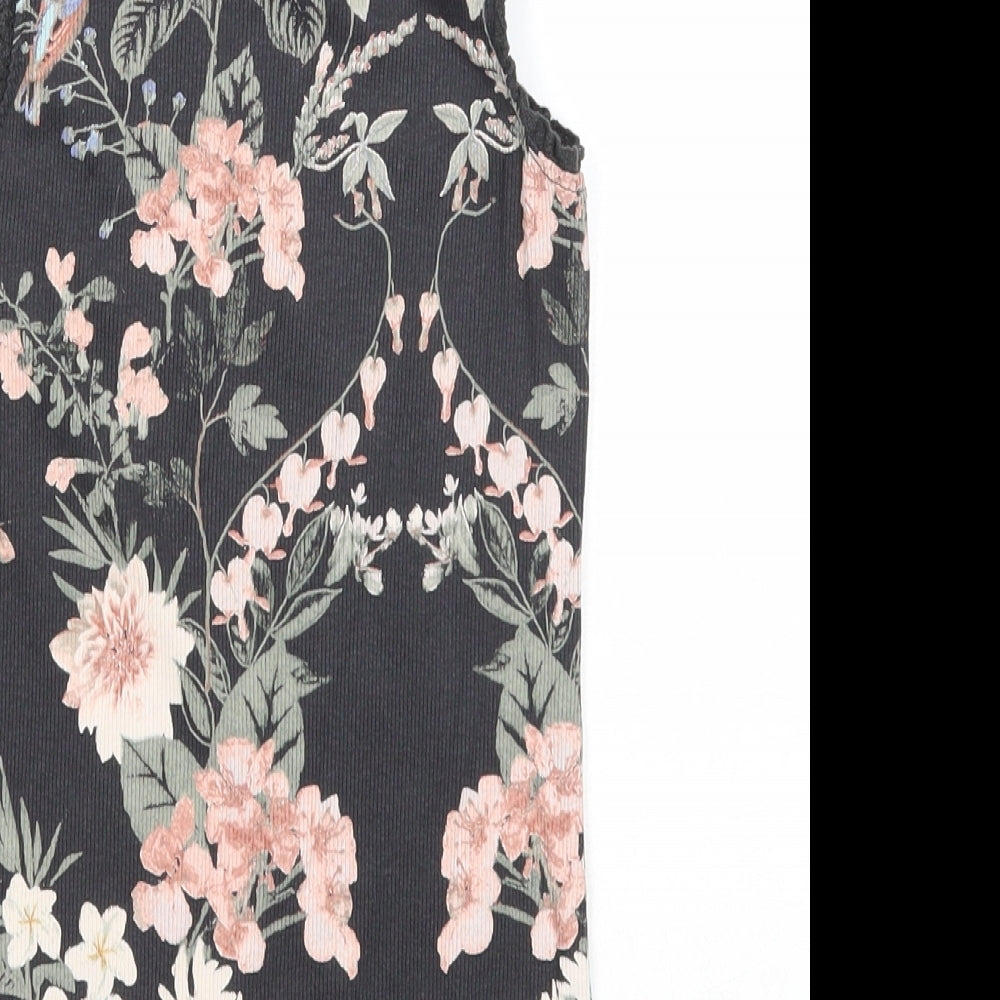 NEXT Girls Black Floral Cotton Basic Tank Size 9 Years Round Neck Pullover
