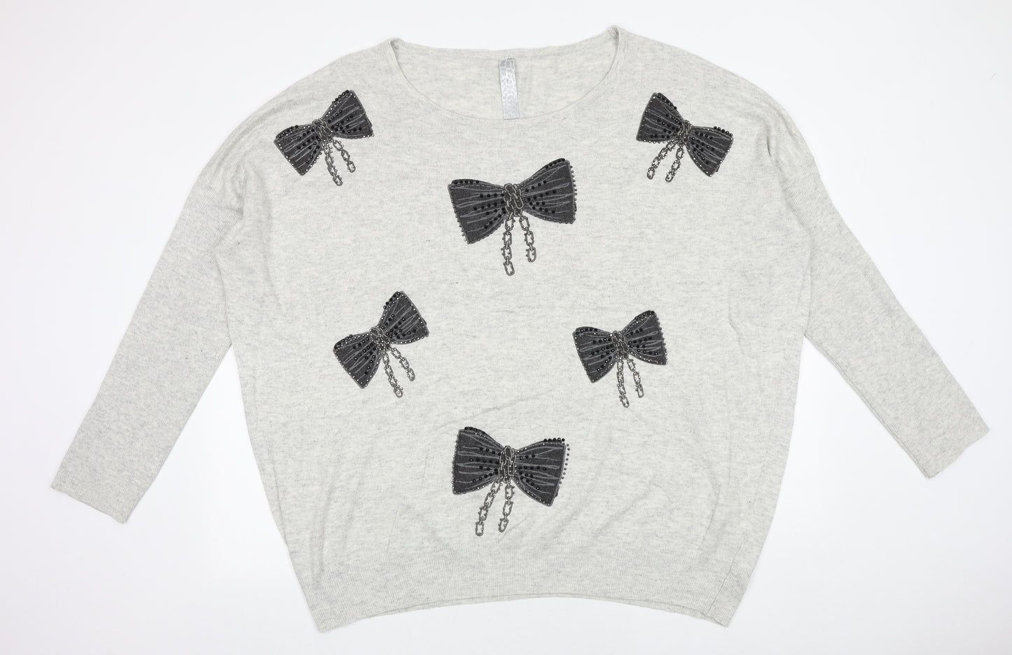 Love Yours Womens Grey Round Neck Geometric Viscose Pullover Jumper Size 30 - Bow Pattern