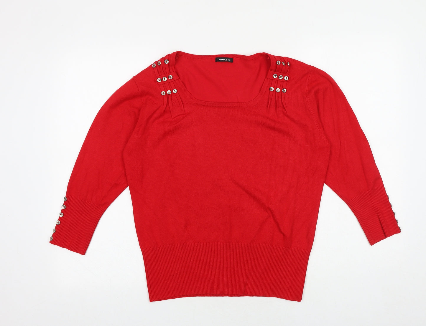 Roman Womens Red Square Neck Viscose Pullover Jumper Size 12