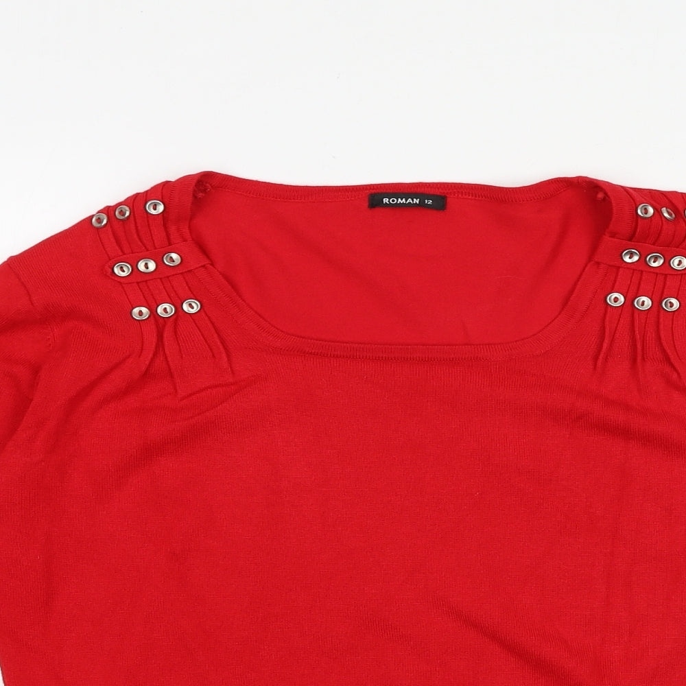 Roman Womens Red Square Neck Viscose Pullover Jumper Size 12