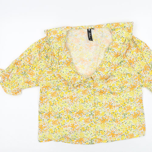 INFLUENCE Womens Yellow Floral 100% Cotton Basic Button-Up Size 10 Scoop Neck
