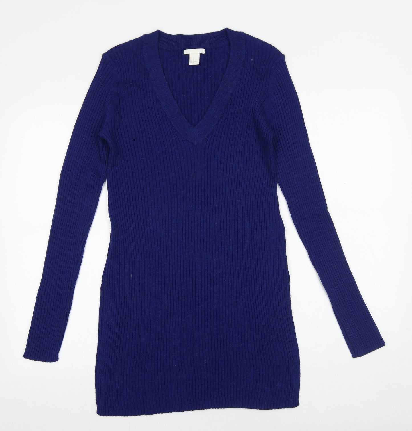 H&M Womens Blue Acrylic Jumper Dress Size M V-Neck Pullover