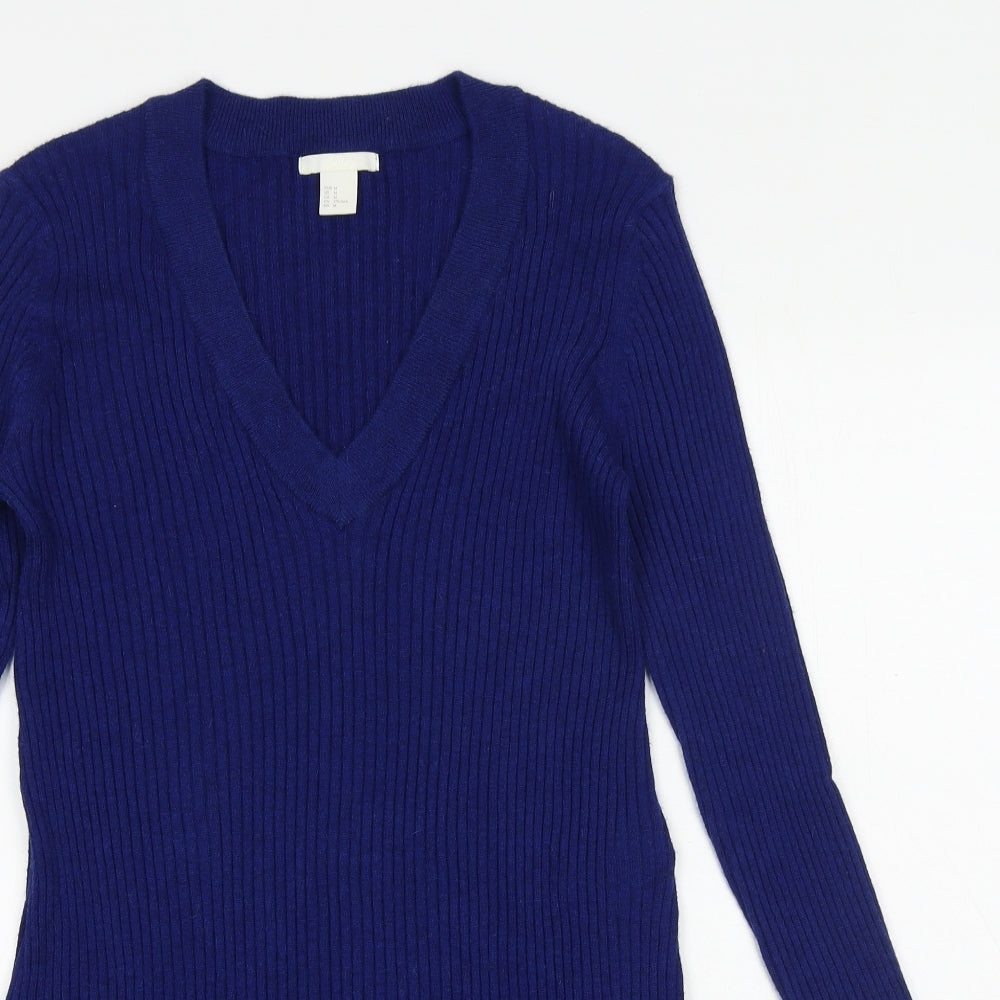 H&M Womens Blue Acrylic Jumper Dress Size M V-Neck Pullover