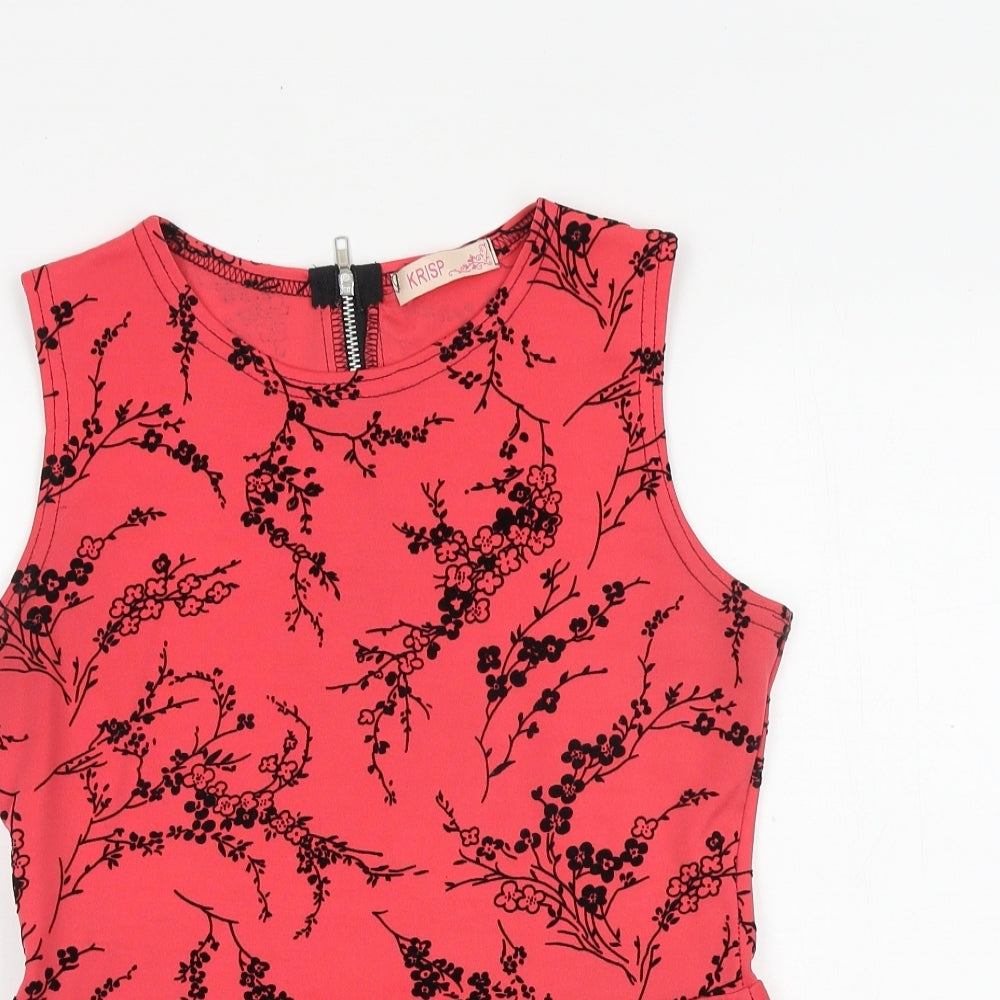 Krisp Womens Pink Floral Polyester Basic Blouse Size 12 Boat Neck - Peplum
