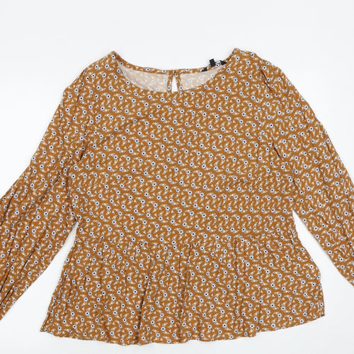Preworn Womens Brown Geometric Polyester Basic Blouse Size 12 Round Neck