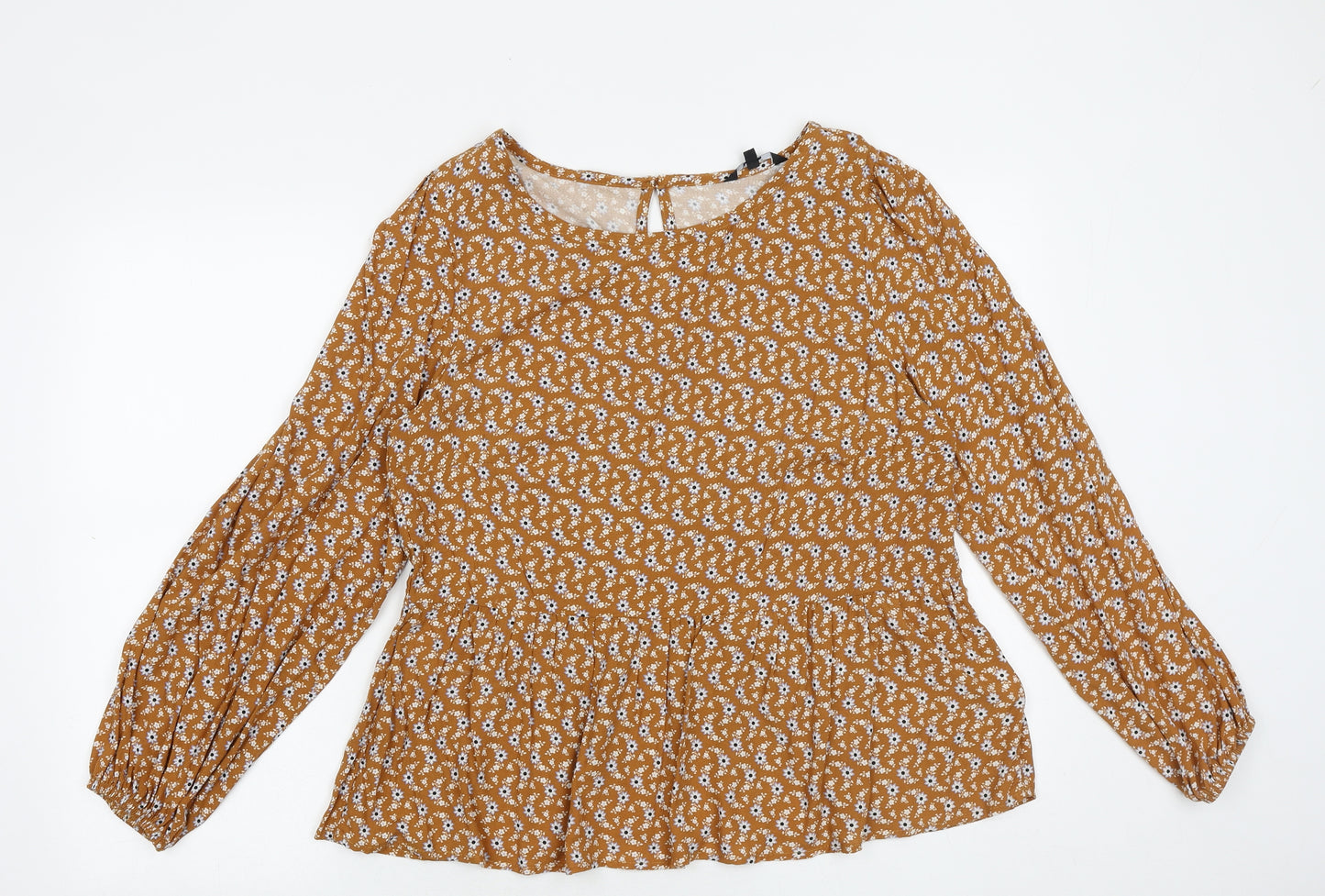 Preworn Womens Brown Geometric Polyester Basic Blouse Size 12 Round Neck