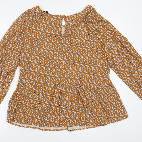 Preworn Womens Brown Geometric Polyester Basic Blouse Size 12 Round Neck