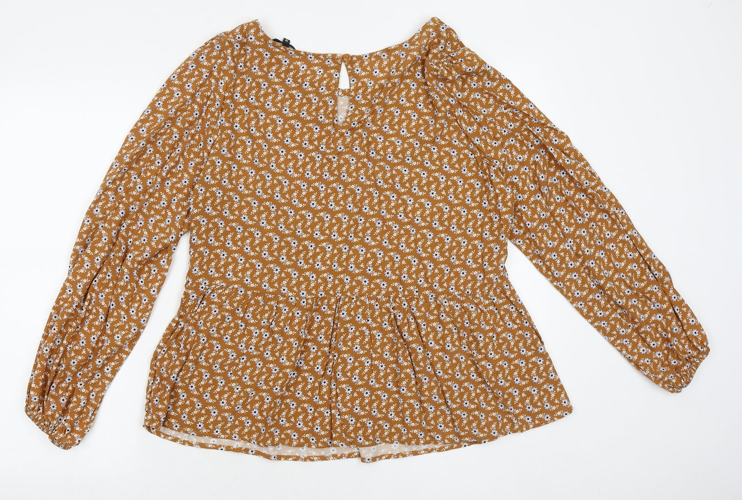 Preworn Womens Brown Geometric Polyester Basic Blouse Size 12 Round Neck