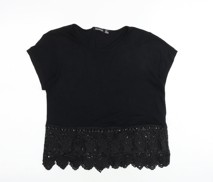 Boohoo Womens Black Viscose Basic T-Shirt Size 8 Round Neck - Crochet Hem