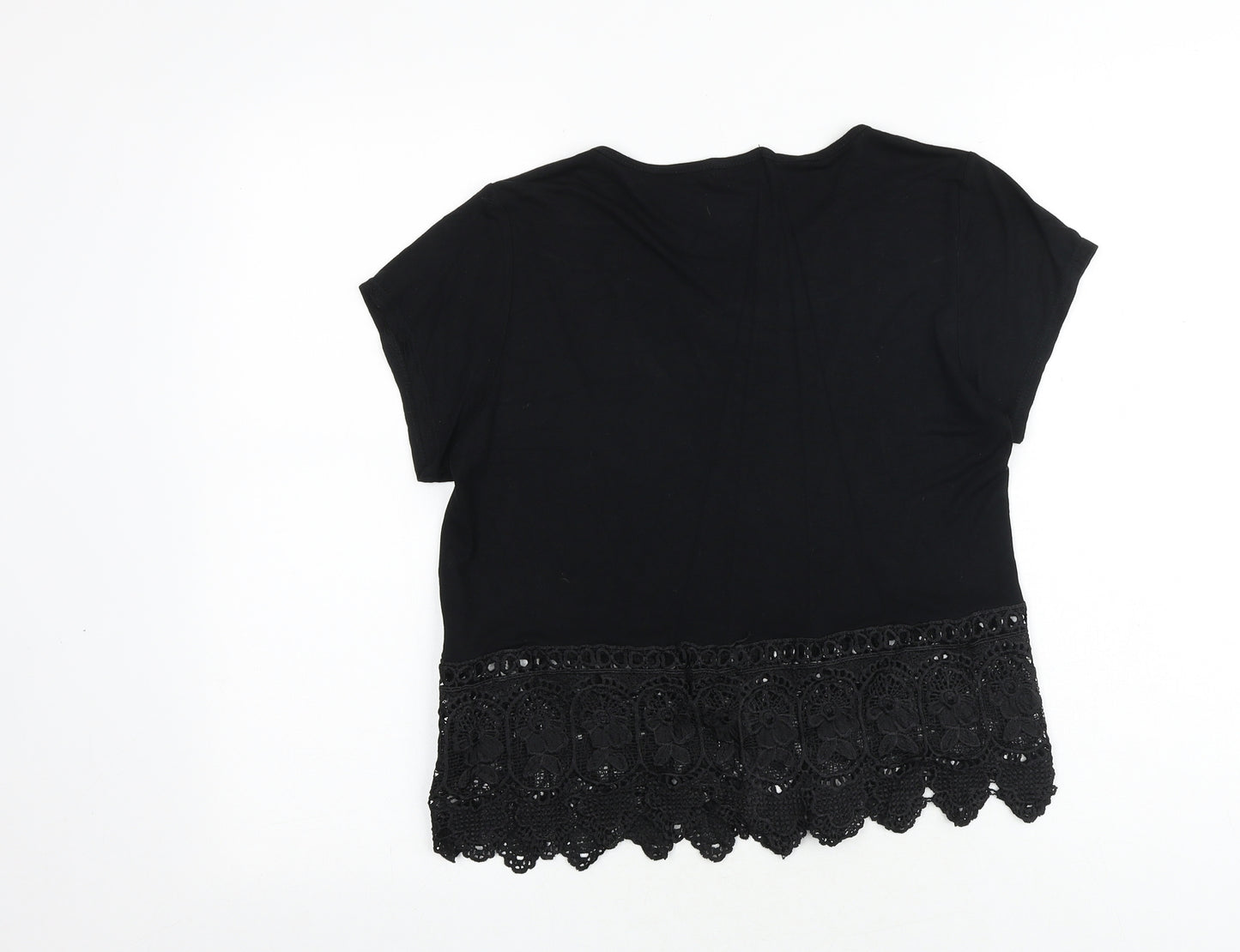 Boohoo Womens Black Viscose Basic T-Shirt Size 8 Round Neck - Crochet Hem