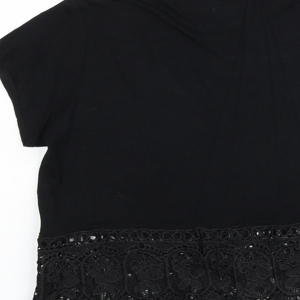 Boohoo Womens Black Viscose Basic T-Shirt Size 8 Round Neck - Crochet Hem