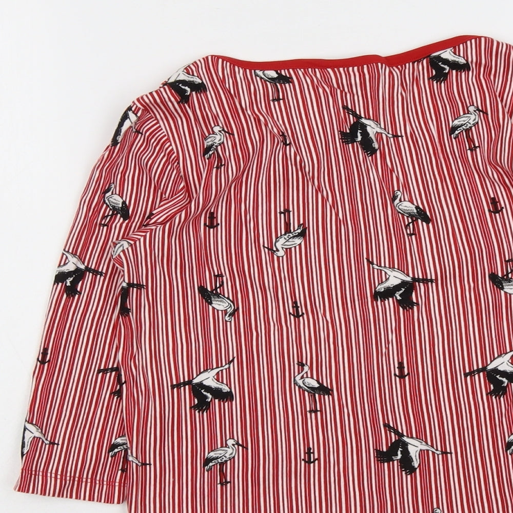 Cotton Traders Womens Red Striped Cotton Basic Blouse Size 10 Boat Neck - Bird Pattern