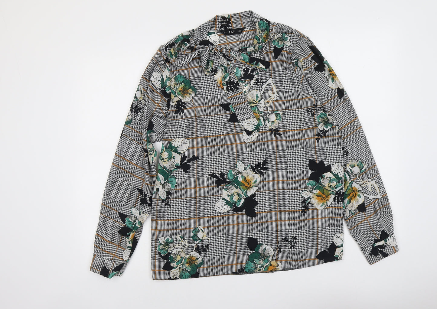 F&F Womens Grey Plaid Polyester Basic Blouse Size 12 Mock Neck - Tie Neck Floral Detail