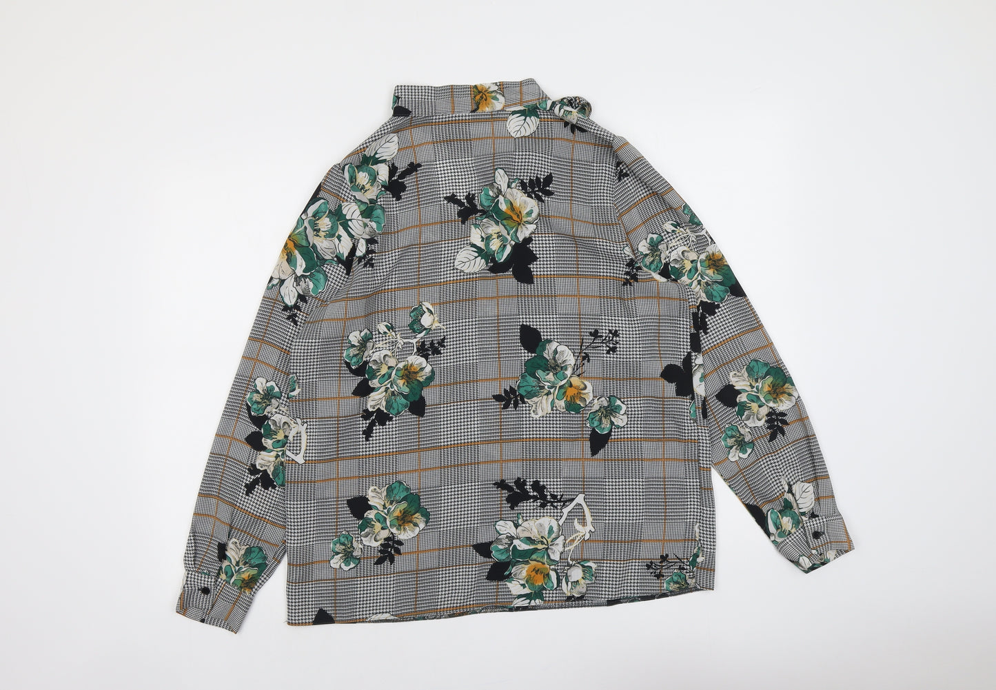 F&F Womens Grey Plaid Polyester Basic Blouse Size 12 Mock Neck - Tie Neck Floral Detail