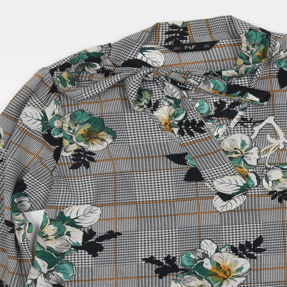 F&F Womens Grey Plaid Polyester Basic Blouse Size 12 Mock Neck - Tie Neck Floral Detail