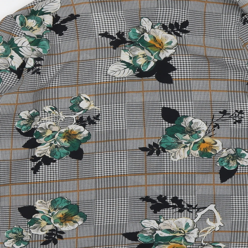 F&F Womens Grey Plaid Polyester Basic Blouse Size 12 Mock Neck - Tie Neck Floral Detail