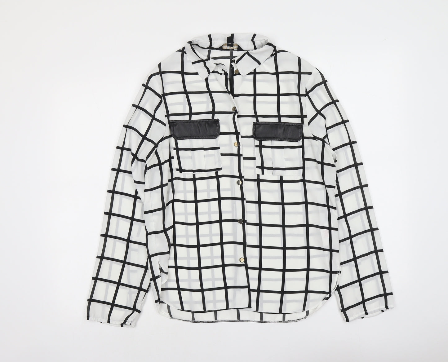 Lipsy London Womens White Geometric Polyester Basic Button-Up Size 12 Collared - Grid Print