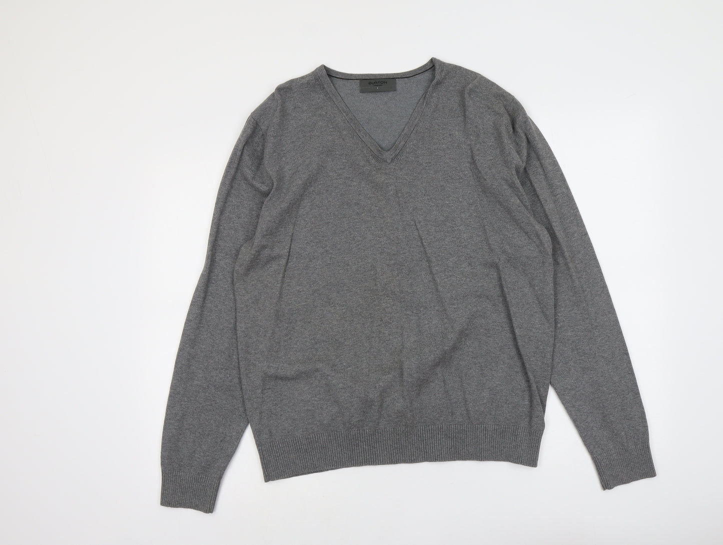 Burton Mens Grey V-Neck Cotton Pullover Jumper Size L Long Sleeve