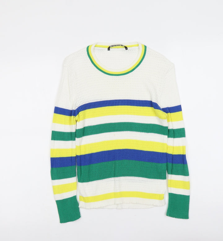 Stradivarius Womens Multicoloured Round Neck Striped Cotton Pullover Jumper Size L