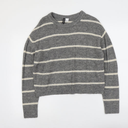 H&M Womens Grey Round Neck Striped Acrylic Pullover Jumper Size S