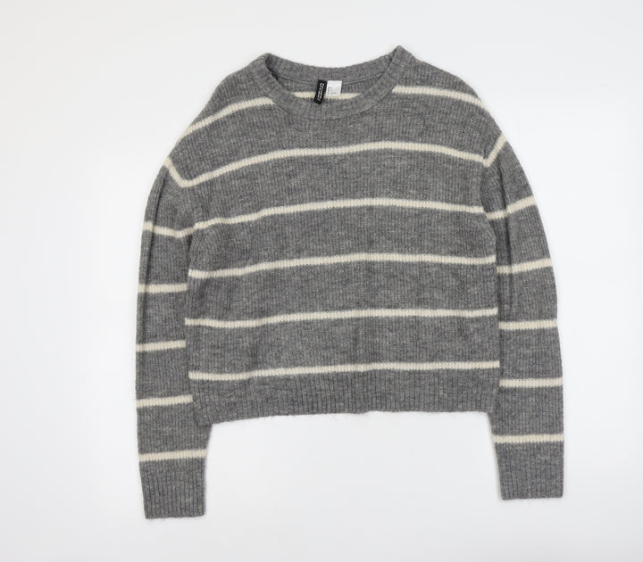 H&M Womens Grey Round Neck Striped Acrylic Pullover Jumper Size S