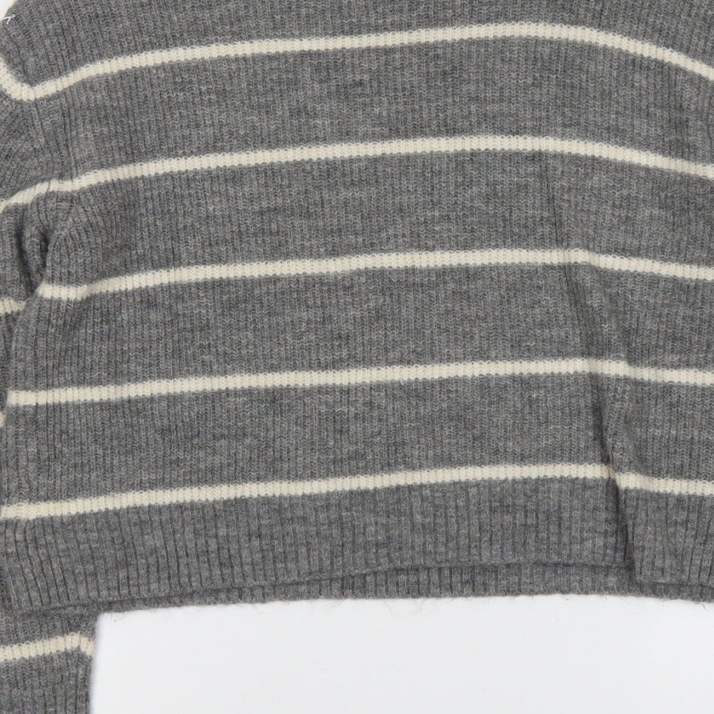H&M Womens Grey Round Neck Striped Acrylic Pullover Jumper Size S