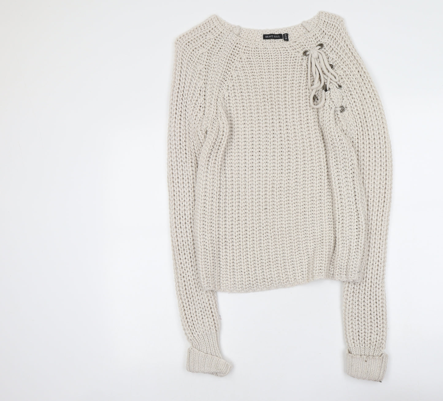 Brave Soul Womens Beige Boat Neck Acrylic Pullover Jumper Size M