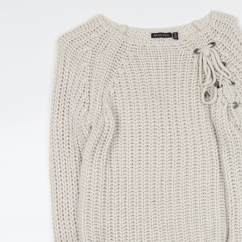 Brave Soul Womens Beige Boat Neck Acrylic Pullover Jumper Size M