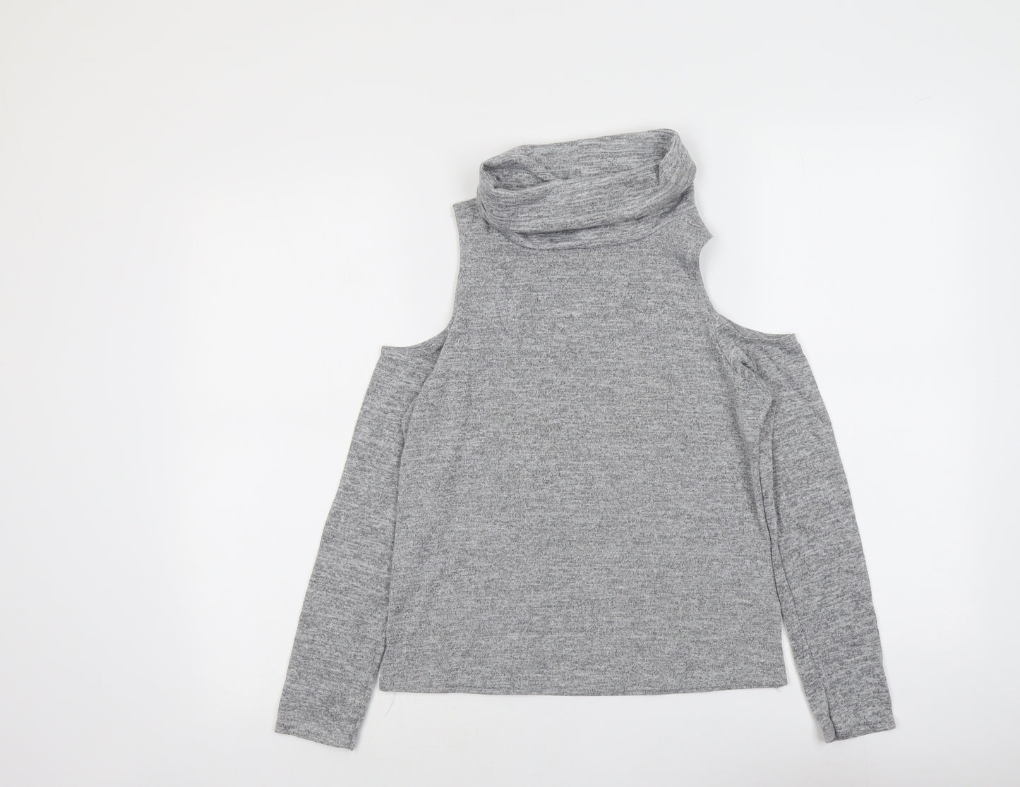 New Look Womens Grey Geometric Polyester Basic T-Shirt Size 12 Roll Neck - Cold Shoulder