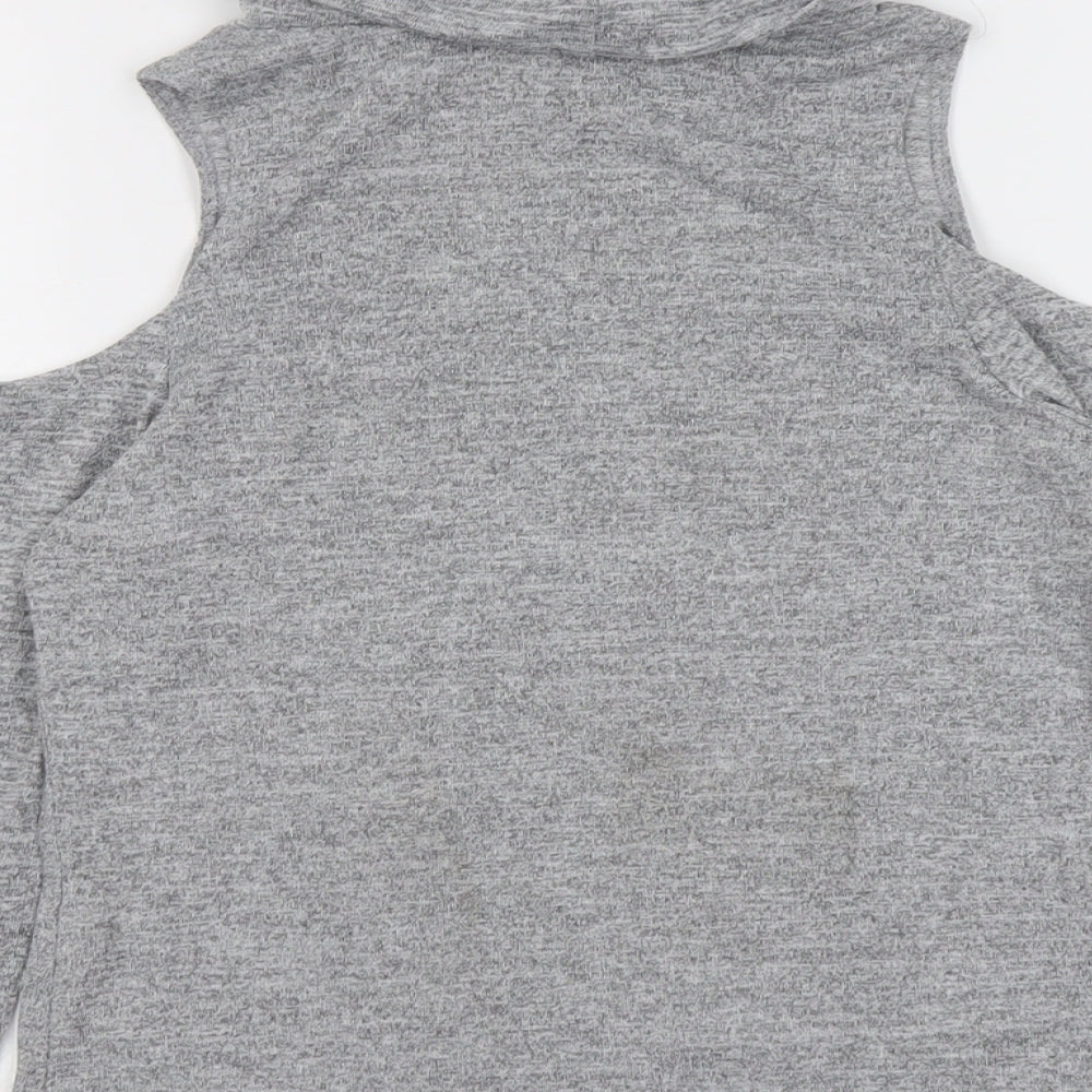 New Look Womens Grey Geometric Polyester Basic T-Shirt Size 12 Roll Neck - Cold Shoulder