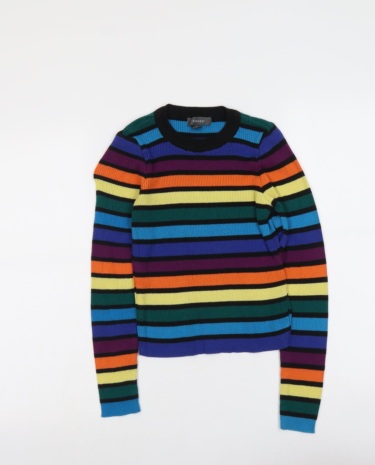 Primark Womens Multicoloured Round Neck Striped Cotton Pullover Jumper Size XS