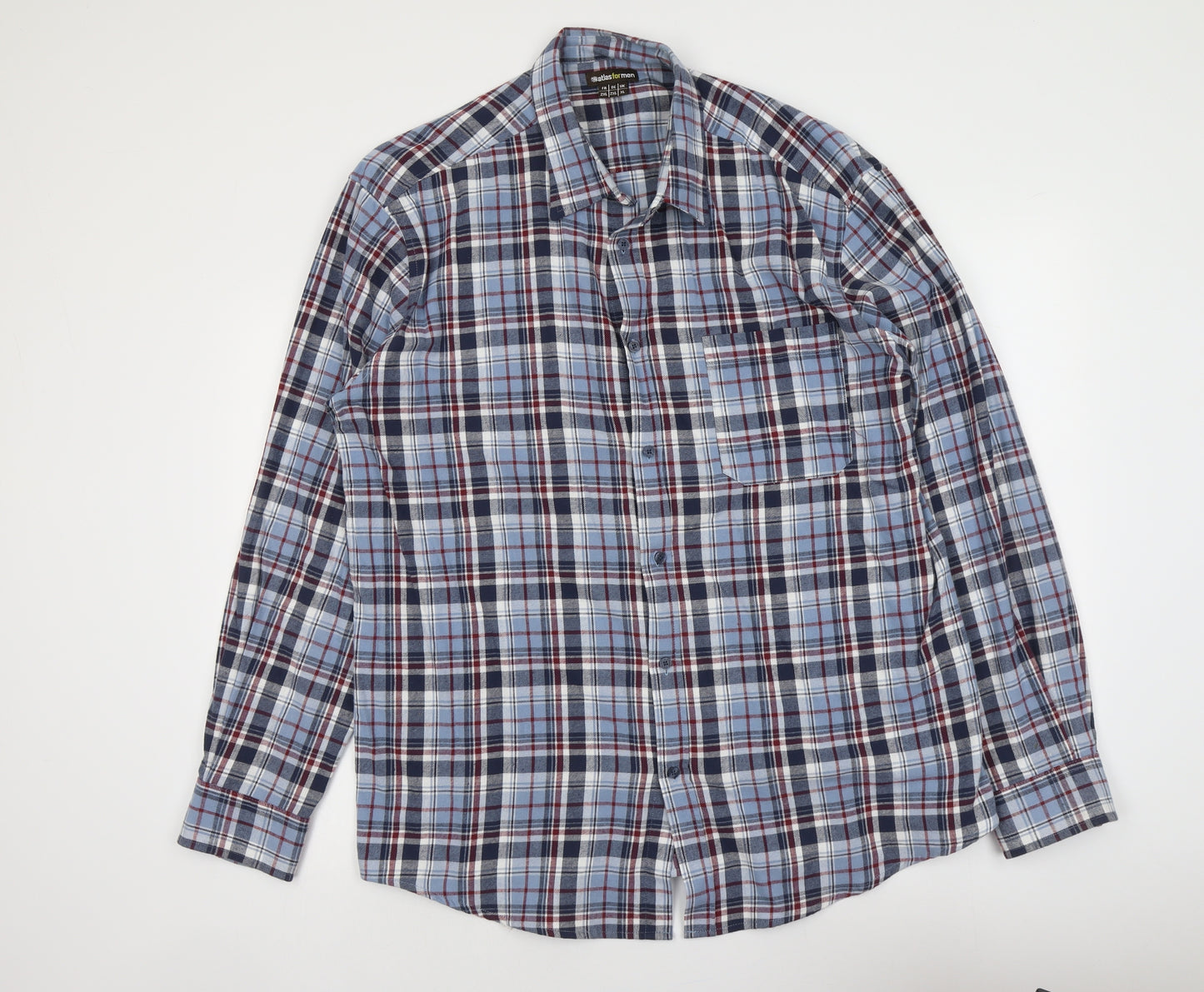 Atlas for Men Mens Blue Plaid Cotton Button-Up Size XL Collared Button