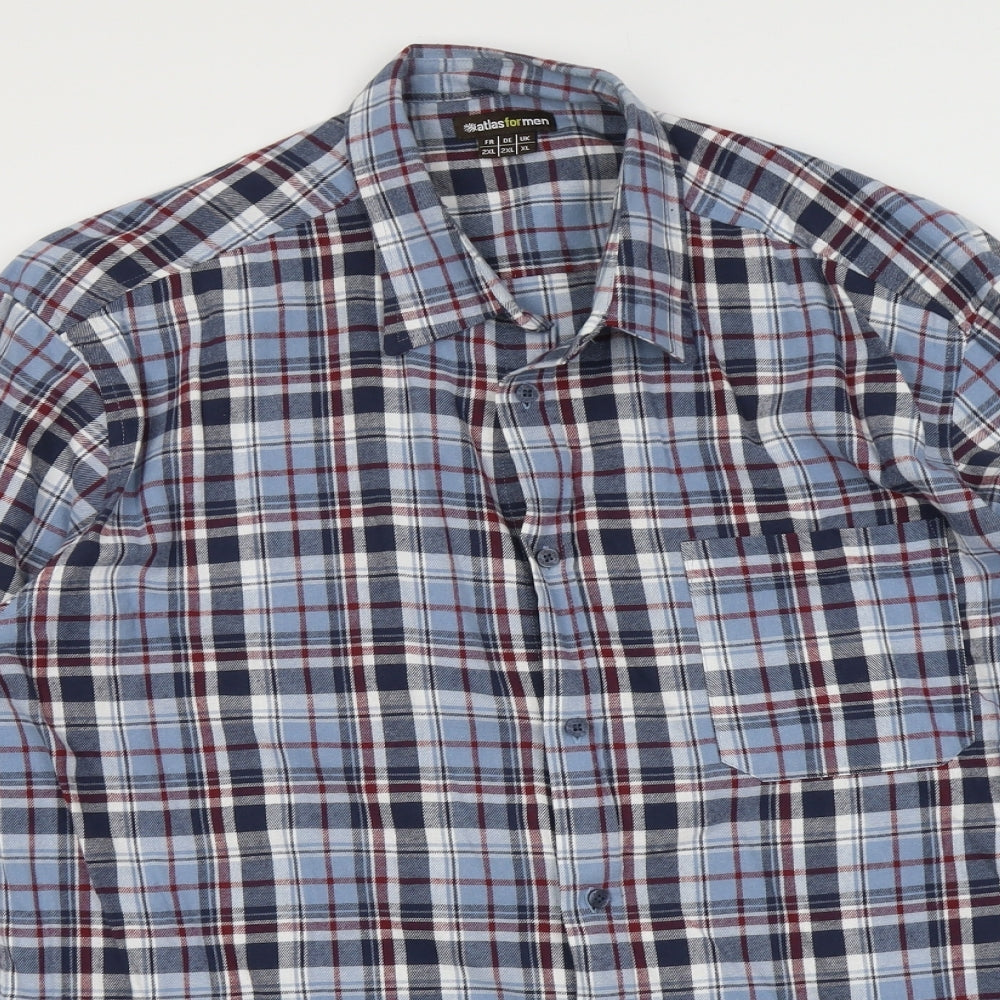 Atlas for Men Mens Blue Plaid Cotton Button-Up Size XL Collared Button