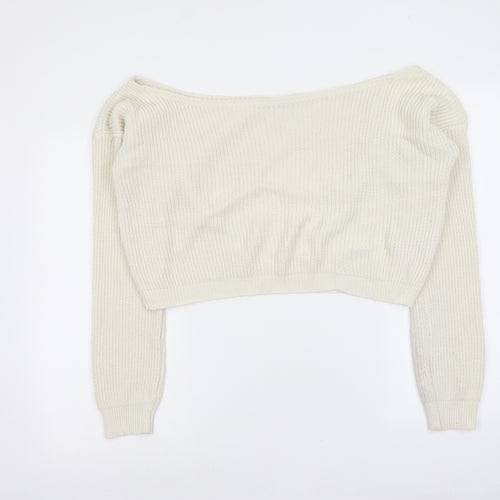 PRETTYLITTLETHING Womens Ivory Boat Neck Acrylic Pullover Jumper Size 10 - Cropped